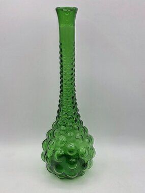 VTG Green Italian Art Glass Genie Bottle Decanter MCM Bubble Hobnail No Stopper